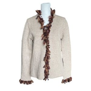 Boden 100% Lambswool Beige wool knit Cardigan fringed sweater